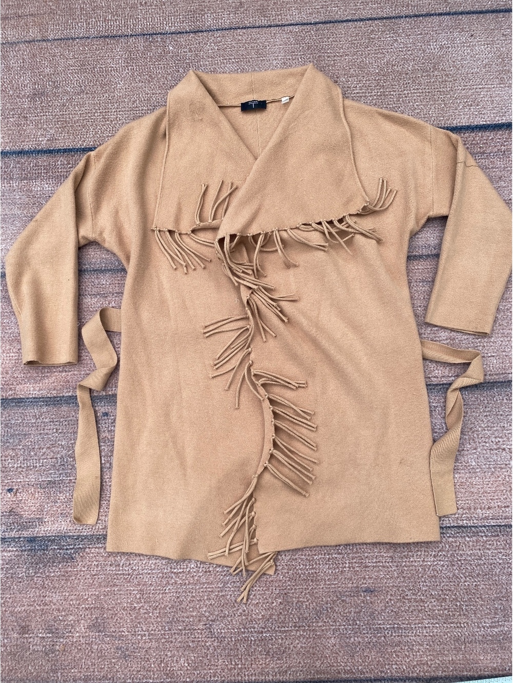 Boho Heritage Western Americana camel fringed belted duster cardigan Tahari sm.